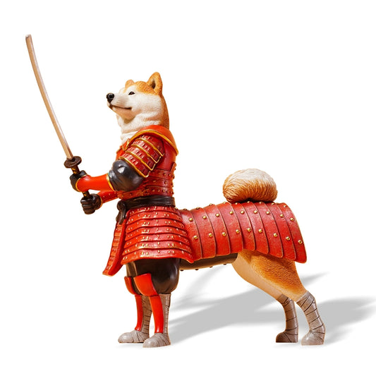 A set of two Shiba Inu figurines dressed as samurai warriors, showcasing intricate red armor details. One figurine is standing with a samurai sword, and the other is sitting, wearing a small yellow hat. The detailed armor features gold and black embellishments, adding a realistic and artistic touch to the figurines. Perfect for collectors and dog lovers alike.