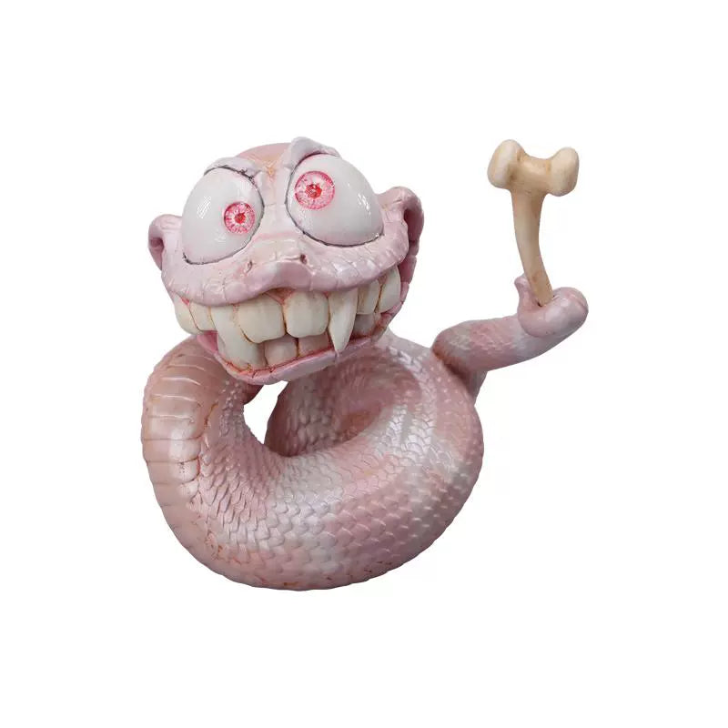 A highly detailed 1/6 scale Chinese Zodiac Snake Figurine featuring a pinkish snake with an exaggerated facial expression, sharp teeth, and a removable magnetic face. Made of resin, this artistic collectible includes intricate textures and craftsmanship, making it an ideal display piece for collectors and fantasy lovers.