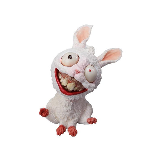 A detailed 1/6 scale creepy rabbit figurine made from durable resin, featuring a magnetic removable face, grotesque teeth, and eerie eyes. This horror-themed bunny collectible is hand-painted for a unique, chilling aesthetic, perfect for gothic decor and Halloween enthusiasts.