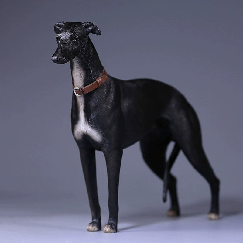 A 1/6 scale Greyhound Whippet resin model featuring lifelike details and realistic textures. The figurine showcases the breed's elegant, lean build, long legs, and alert expression. In the outdoor scene, multiple Greyhound Whippets are depicted alongside a rider on horseback, highlighting the breed's graceful and athletic nature. Ideal for collectors and dog enthusiasts.