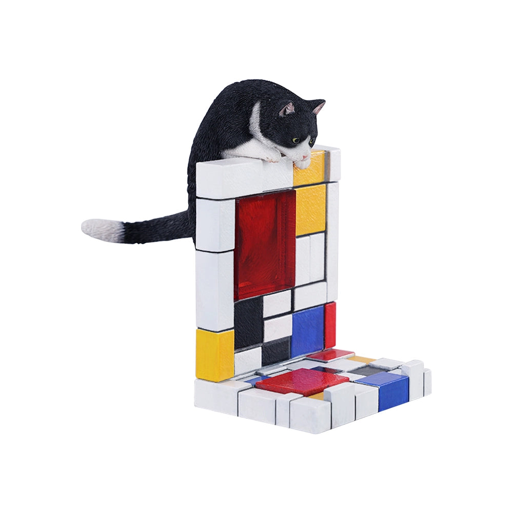 A 1/6 scale Mondrian wall-climbing cat figurine crafted from high-quality resin, featuring a playful cat climbing a colorful cubist-style wall, offering a unique and stylish addition to any home decor.