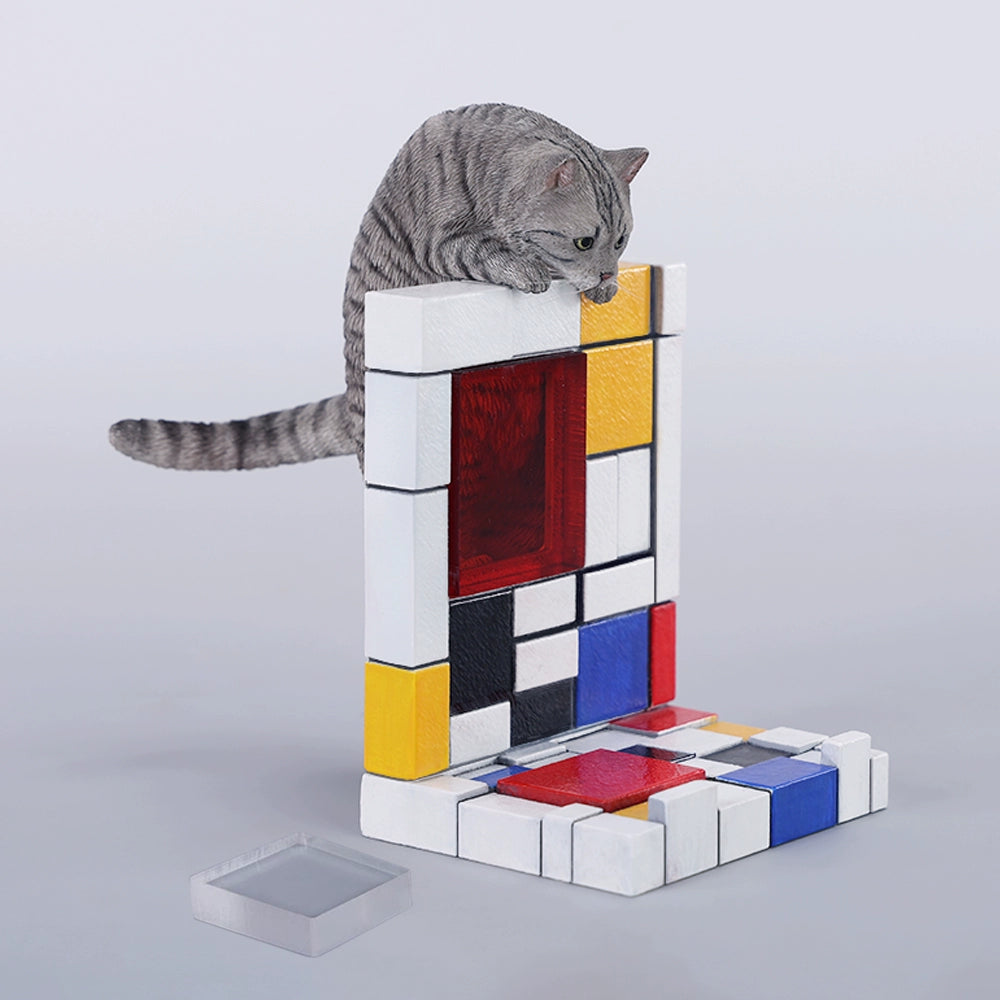 A 1/6 scale Mondrian wall-climbing cat figurine crafted from high-quality resin, featuring a playful cat climbing a colorful cubist-style wall, offering a unique and stylish addition to any home decor.