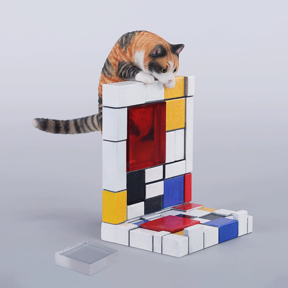 A 1/6 scale Mondrian wall-climbing cat figurine crafted from high-quality resin, featuring a playful cat climbing a colorful cubist-style wall, offering a unique and stylish addition to any home decor.