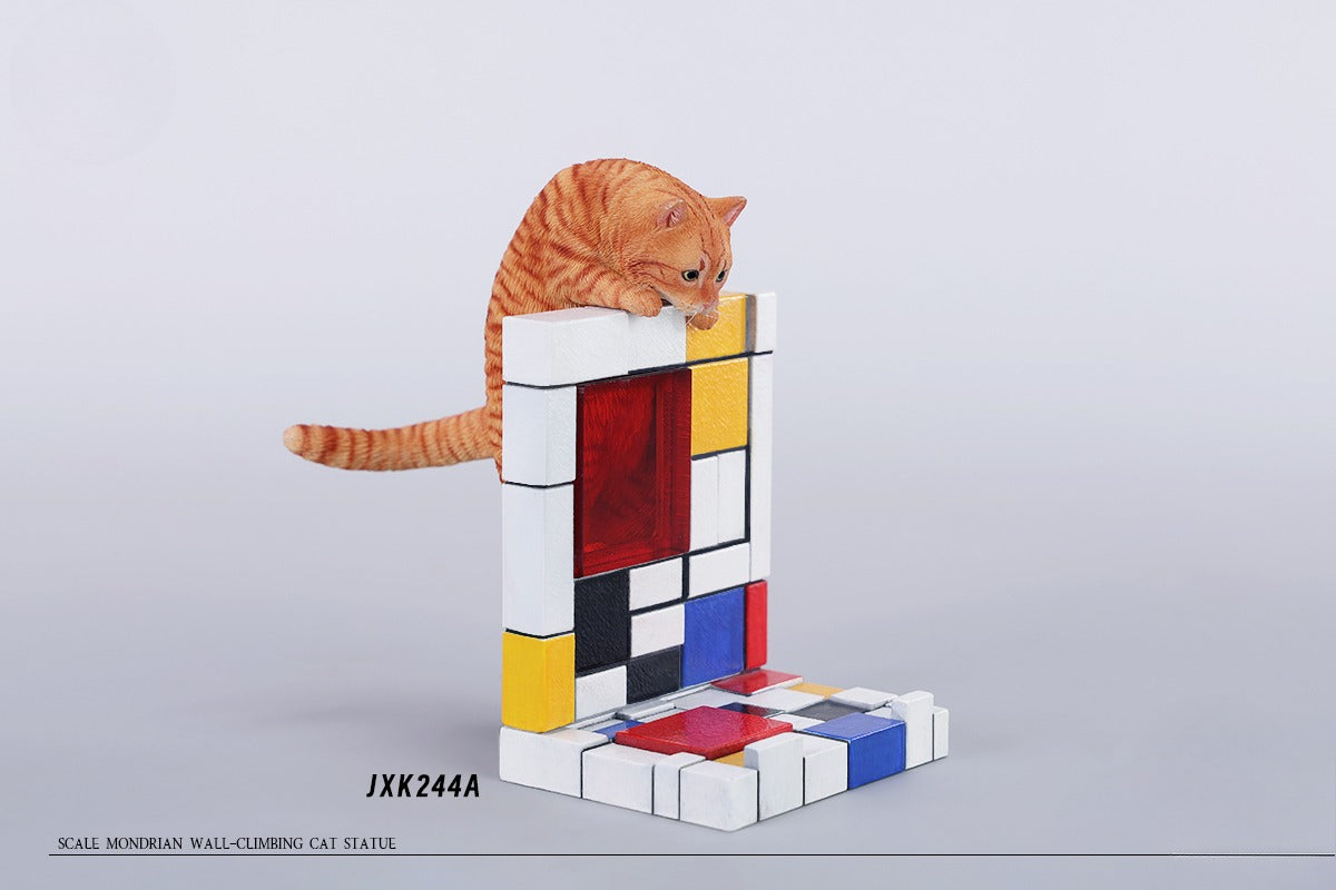 A 1/6 scale Mondrian wall-climbing cat figurine crafted from high-quality resin, featuring a playful cat climbing a colorful cubist-style wall, offering a unique and stylish addition to any home decor.