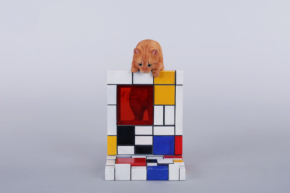 A 1/6 scale Mondrian wall-climbing cat figurine crafted from high-quality resin, featuring a playful cat climbing a colorful cubist-style wall, offering a unique and stylish addition to any home decor.