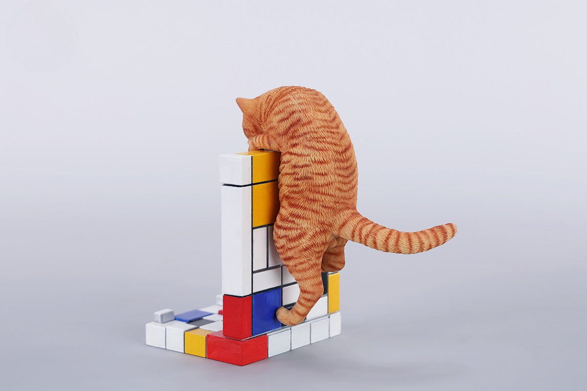 A 1/6 scale Mondrian wall-climbing cat figurine crafted from high-quality resin, featuring a playful cat climbing a colorful cubist-style wall, offering a unique and stylish addition to any home decor.