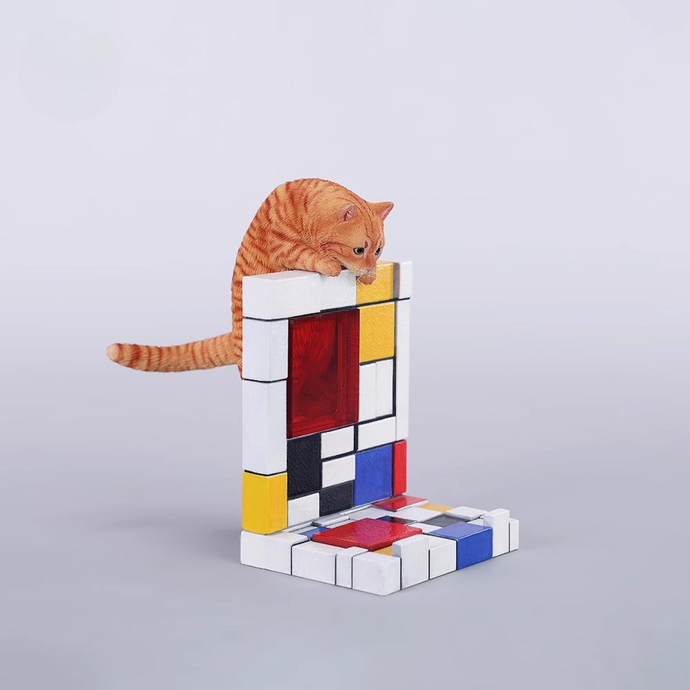 A 1/6 scale Mondrian wall-climbing cat figurine crafted from high-quality resin, featuring a playful cat climbing a colorful cubist-style wall, offering a unique and stylish addition to any home decor.