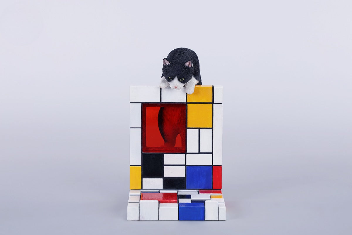 A 1/6 scale Mondrian wall-climbing cat figurine crafted from high-quality resin, featuring a playful cat climbing a colorful cubist-style wall, offering a unique and stylish addition to any home decor.