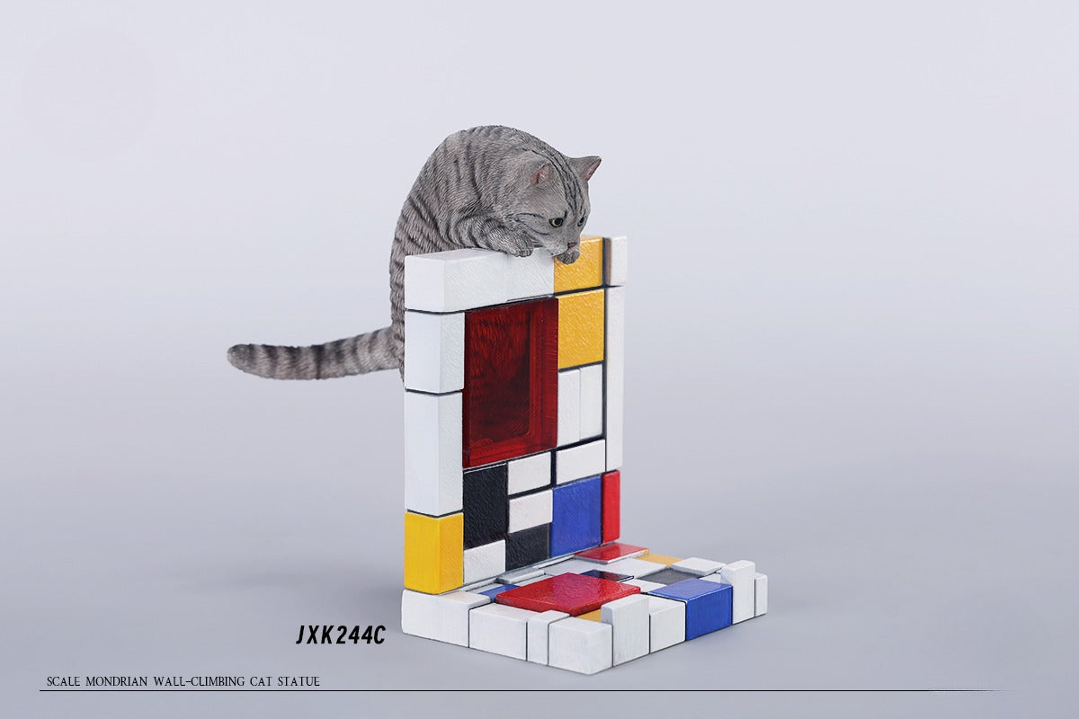 A 1/6 scale Mondrian wall-climbing cat figurine crafted from high-quality resin, featuring a playful cat climbing a colorful cubist-style wall, offering a unique and stylish addition to any home decor.