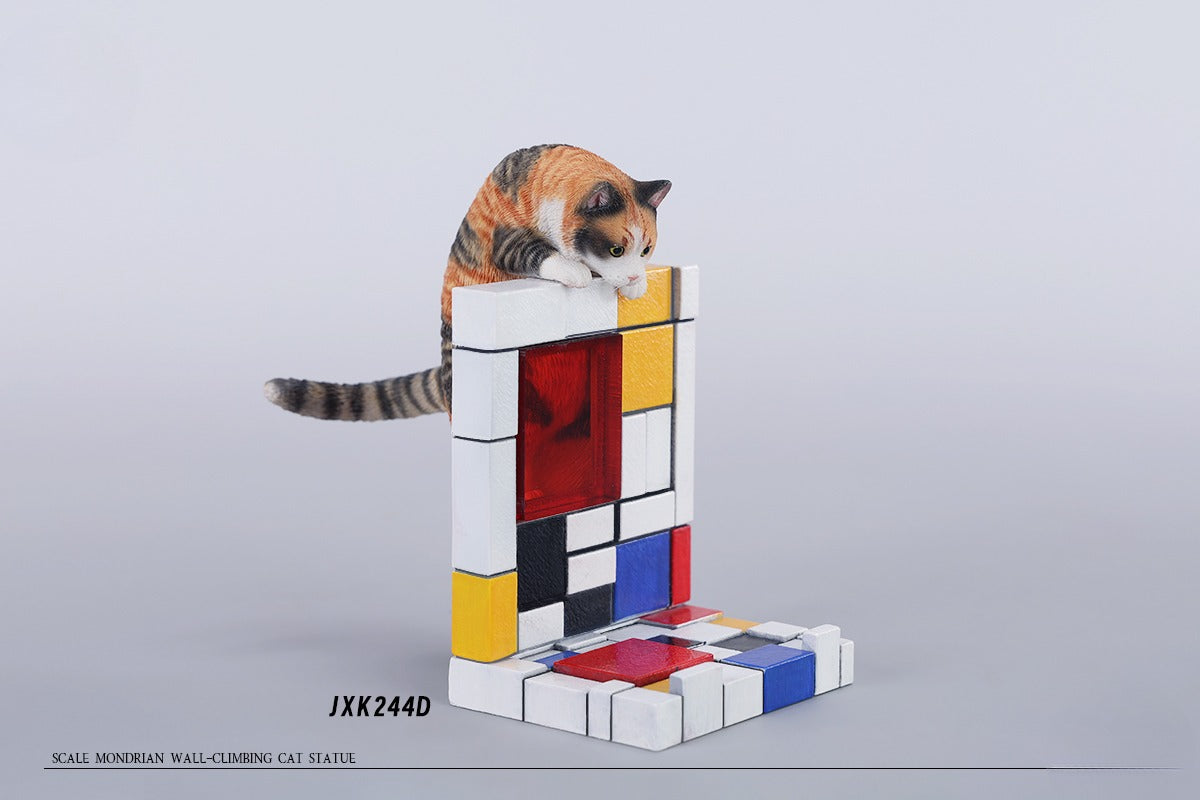 A 1/6 scale Mondrian wall-climbing cat figurine crafted from high-quality resin, featuring a playful cat climbing a colorful cubist-style wall, offering a unique and stylish addition to any home decor.