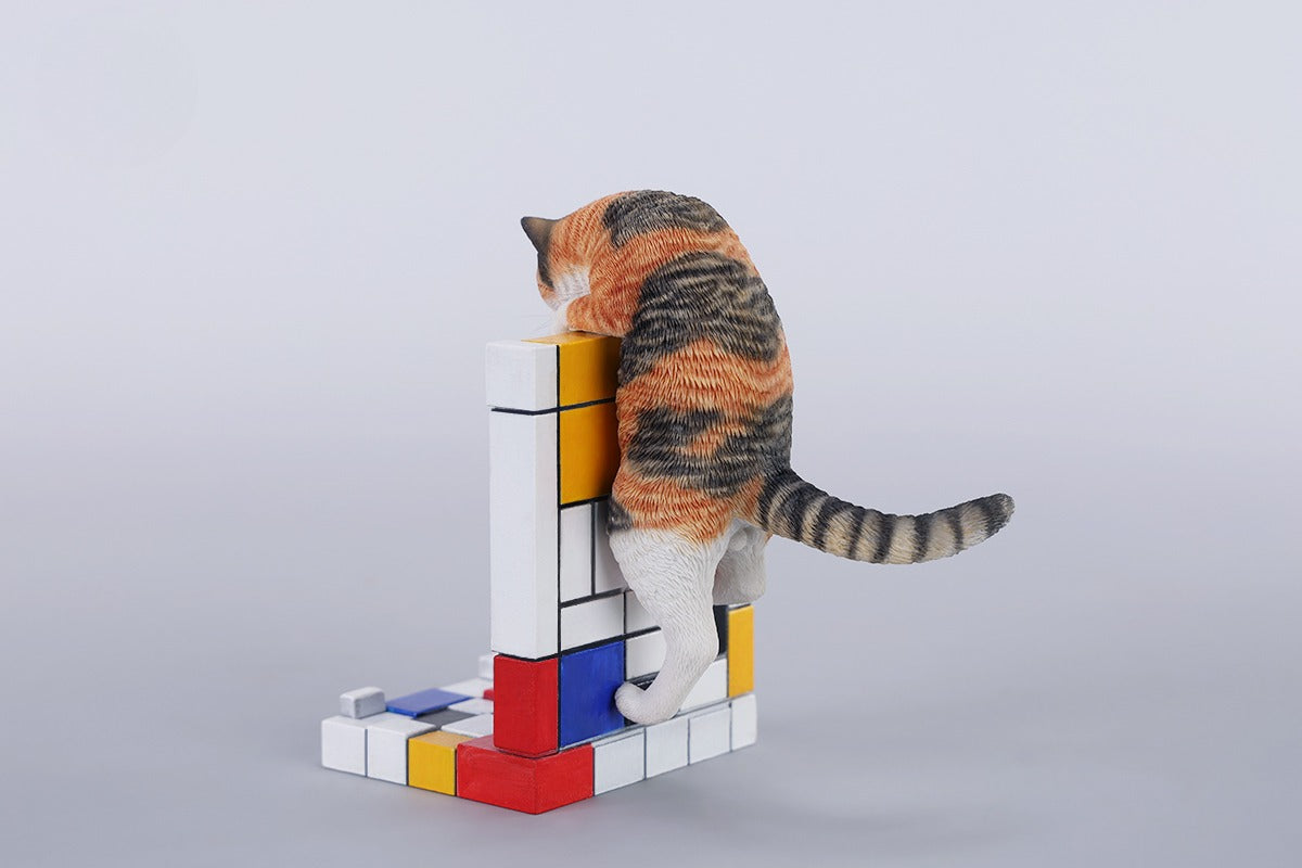 A 1/6 scale Mondrian wall-climbing cat figurine crafted from high-quality resin, featuring a playful cat climbing a colorful cubist-style wall, offering a unique and stylish addition to any home decor.