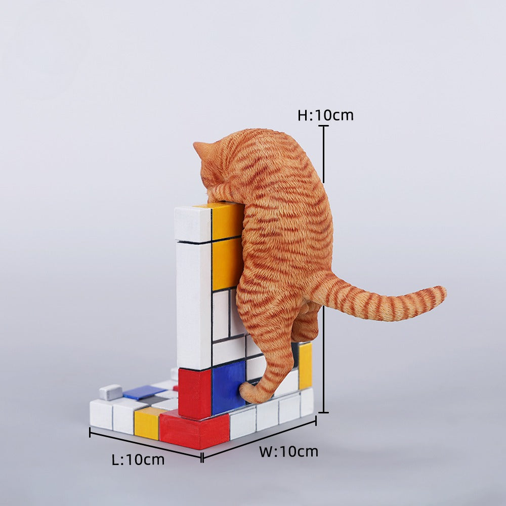 A 1/6 scale Mondrian wall-climbing cat figurine crafted from high-quality resin, featuring a playful cat climbing a colorful cubist-style wall, offering a unique and stylish addition to any home decor.