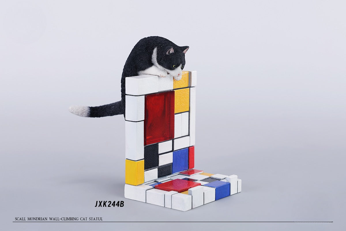 A 1/6 scale Mondrian wall-climbing cat figurine crafted from high-quality resin, featuring a playful cat climbing a colorful cubist-style wall, offering a unique and stylish addition to any home decor.