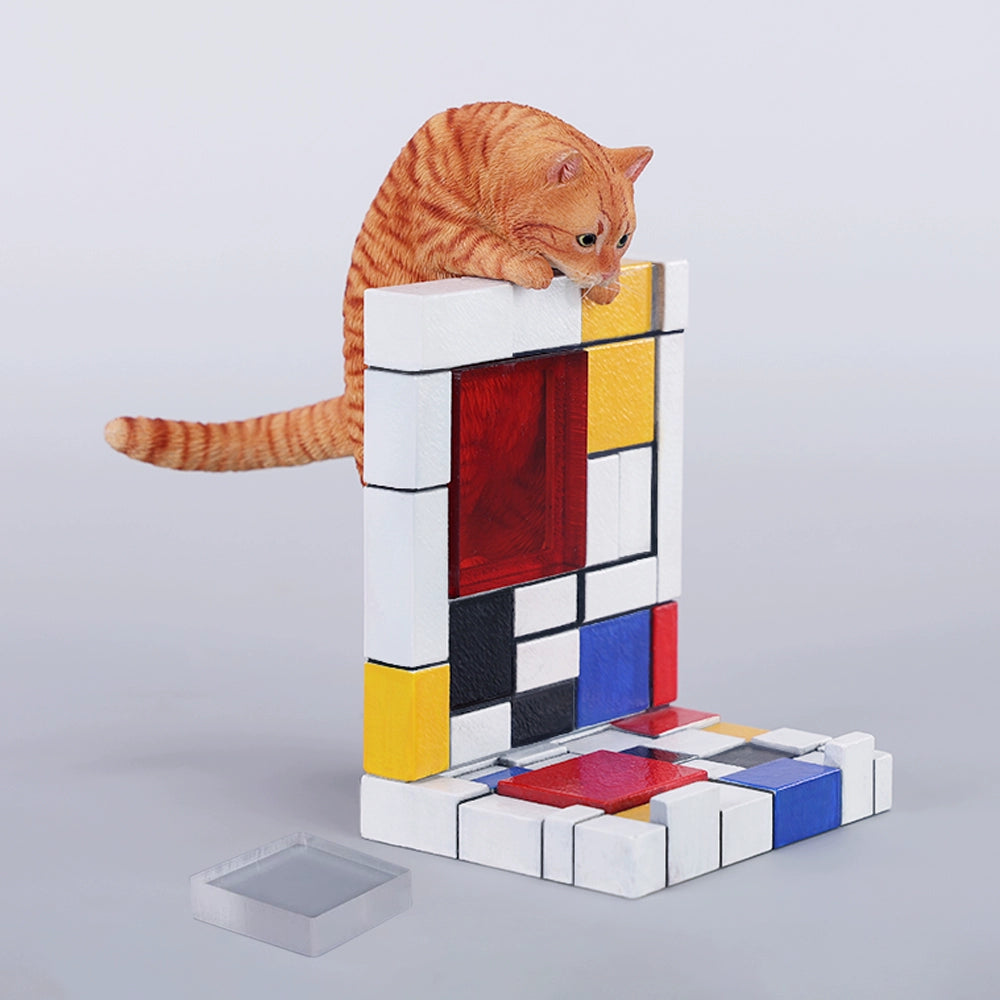 A 1/6 scale Mondrian wall-climbing cat figurine crafted from high-quality resin, featuring a playful cat climbing a colorful cubist-style wall, offering a unique and stylish addition to any home decor.