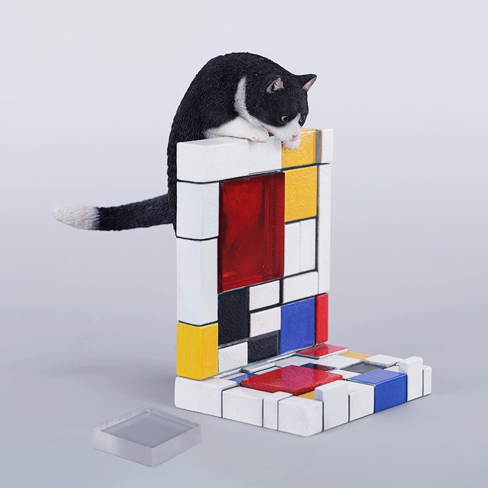 A 1/6 scale Mondrian wall-climbing cat figurine crafted from high-quality resin, featuring a playful cat climbing a colorful cubist-style wall, offering a unique and stylish addition to any home decor.