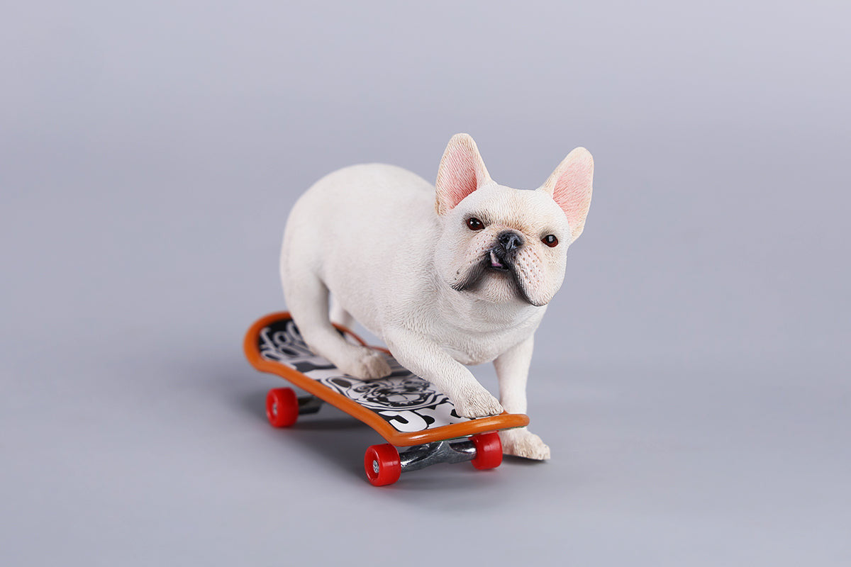 A detailed 1/6 scale figurine of a French Bulldog riding a skateboard, showcasing lifelike texture and joyful expression. Perfect for dog lovers and collectors.