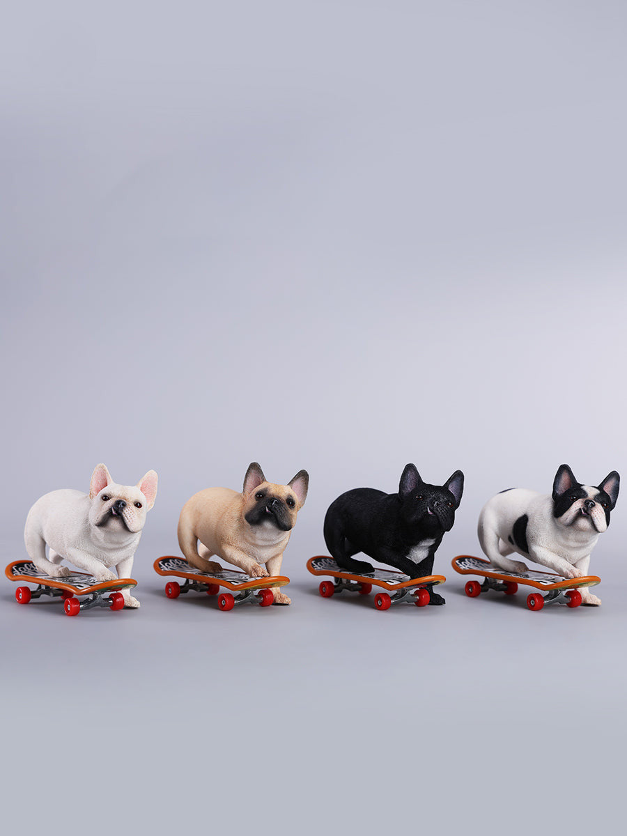 A detailed 1/6 scale figurine of a French Bulldog riding a skateboard, showcasing lifelike texture and joyful expression. Perfect for dog lovers and collectors.