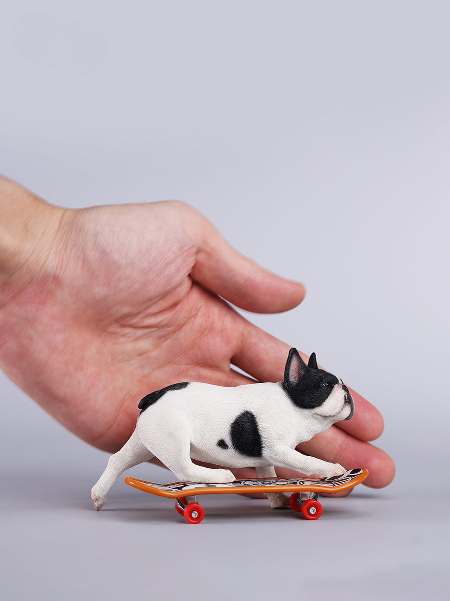 A detailed 1/6 scale figurine of a French Bulldog riding a skateboard, showcasing lifelike texture and joyful expression. Perfect for dog lovers and collectors.