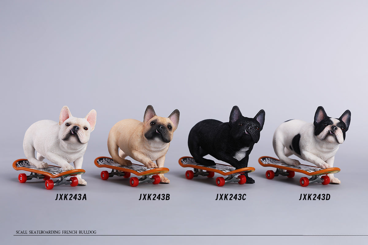 A detailed 1/6 scale figurine of a French Bulldog riding a skateboard, showcasing lifelike texture and joyful expression. Perfect for dog lovers and collectors.