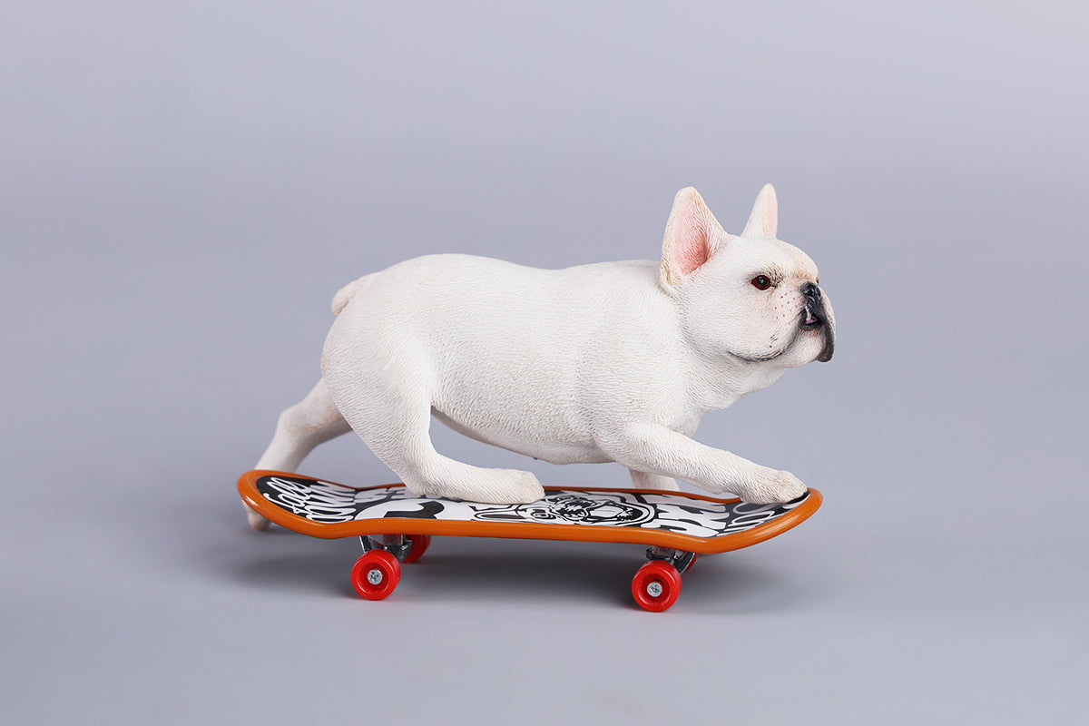 A detailed 1/6 scale figurine of a French Bulldog riding a skateboard, showcasing lifelike texture and joyful expression. Perfect for dog lovers and collectors.