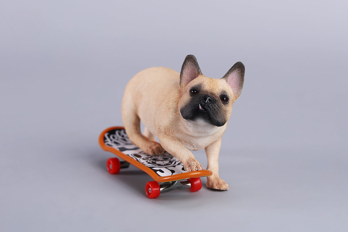 A detailed 1/6 scale figurine of a French Bulldog riding a skateboard, showcasing lifelike texture and joyful expression. Perfect for dog lovers and collectors.