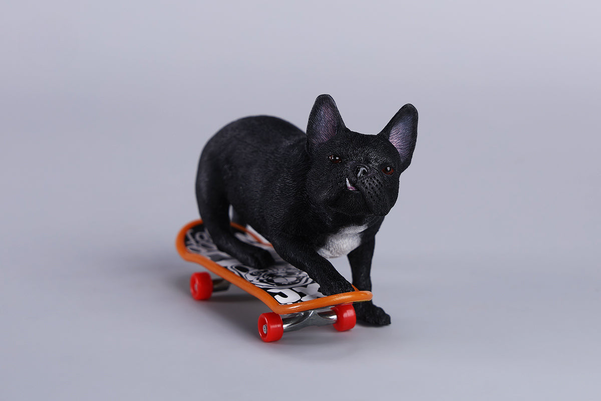 A detailed 1/6 scale figurine of a French Bulldog riding a skateboard, showcasing lifelike texture and joyful expression. Perfect for dog lovers and collectors.