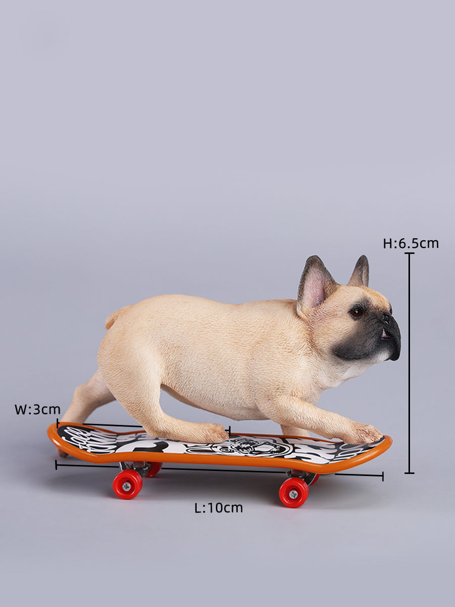 A detailed 1/6 scale figurine of a French Bulldog riding a skateboard, showcasing lifelike texture and joyful expression. Perfect for dog lovers and collectors.