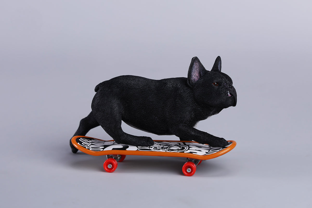 A detailed 1/6 scale figurine of a French Bulldog riding a skateboard, showcasing lifelike texture and joyful expression. Perfect for dog lovers and collectors.