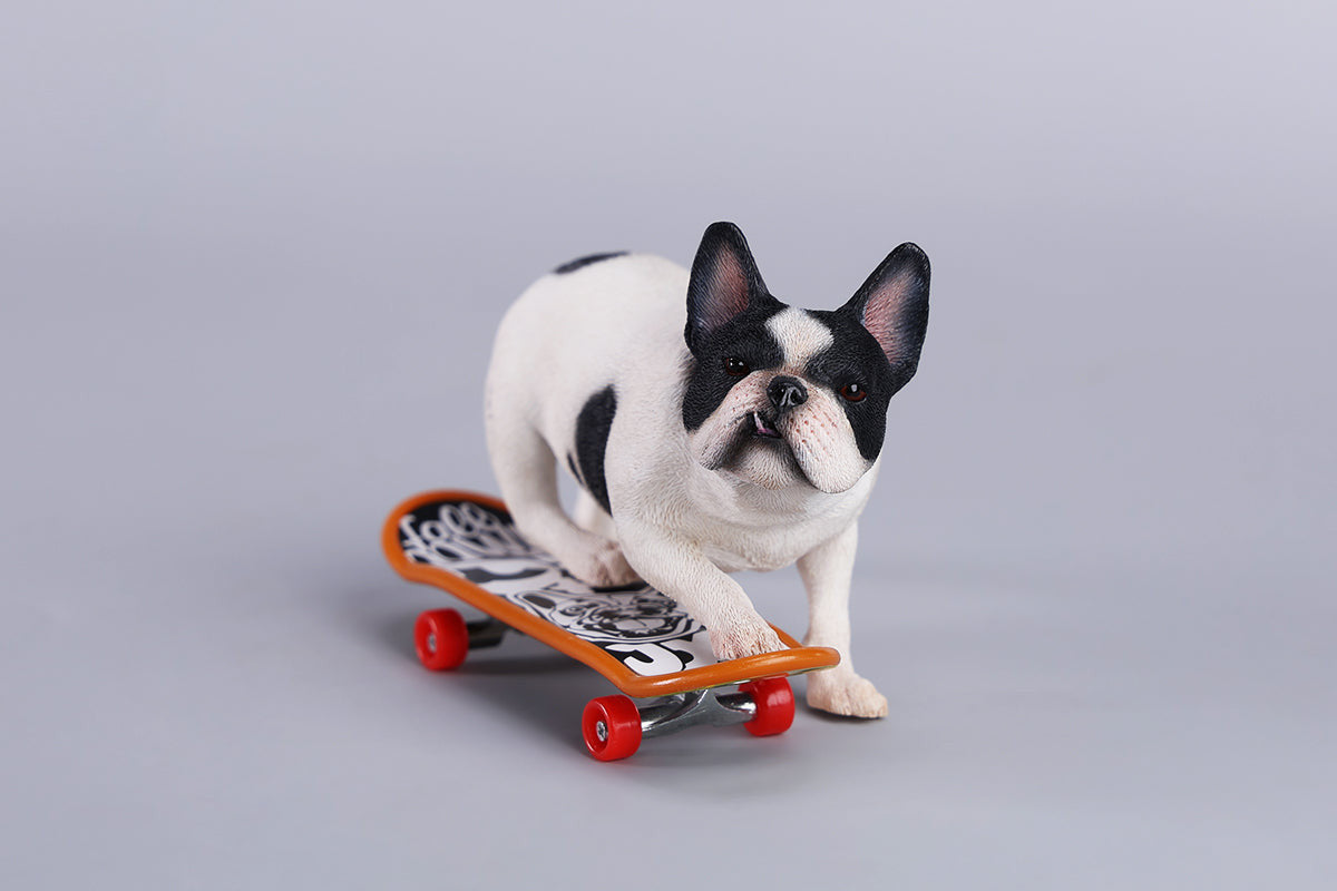 A detailed 1/6 scale figurine of a French Bulldog riding a skateboard, showcasing lifelike texture and joyful expression. Perfect for dog lovers and collectors.