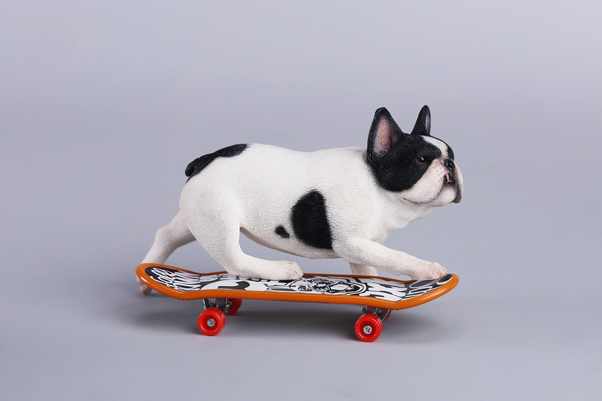 A detailed 1/6 scale figurine of a French Bulldog riding a skateboard, showcasing lifelike texture and joyful expression. Perfect for dog lovers and collectors.