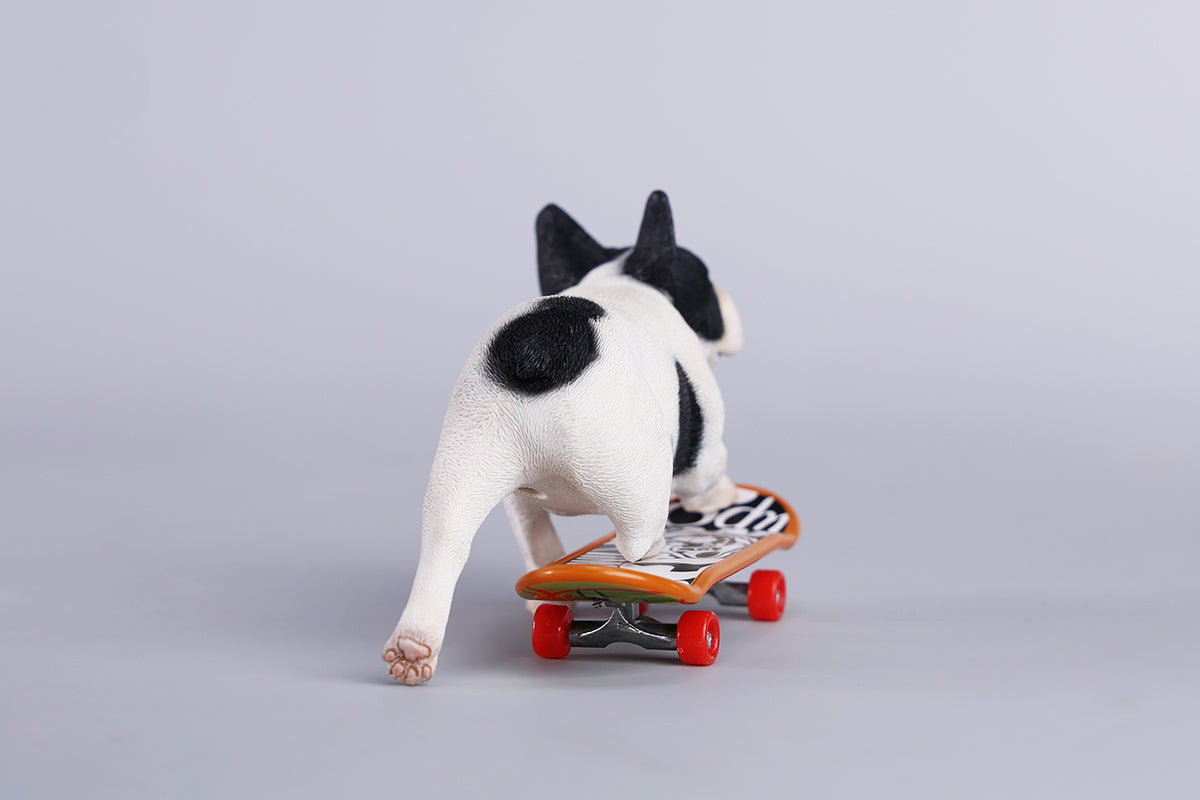 A detailed 1/6 scale figurine of a French Bulldog riding a skateboard, showcasing lifelike texture and joyful expression. Perfect for dog lovers and collectors.