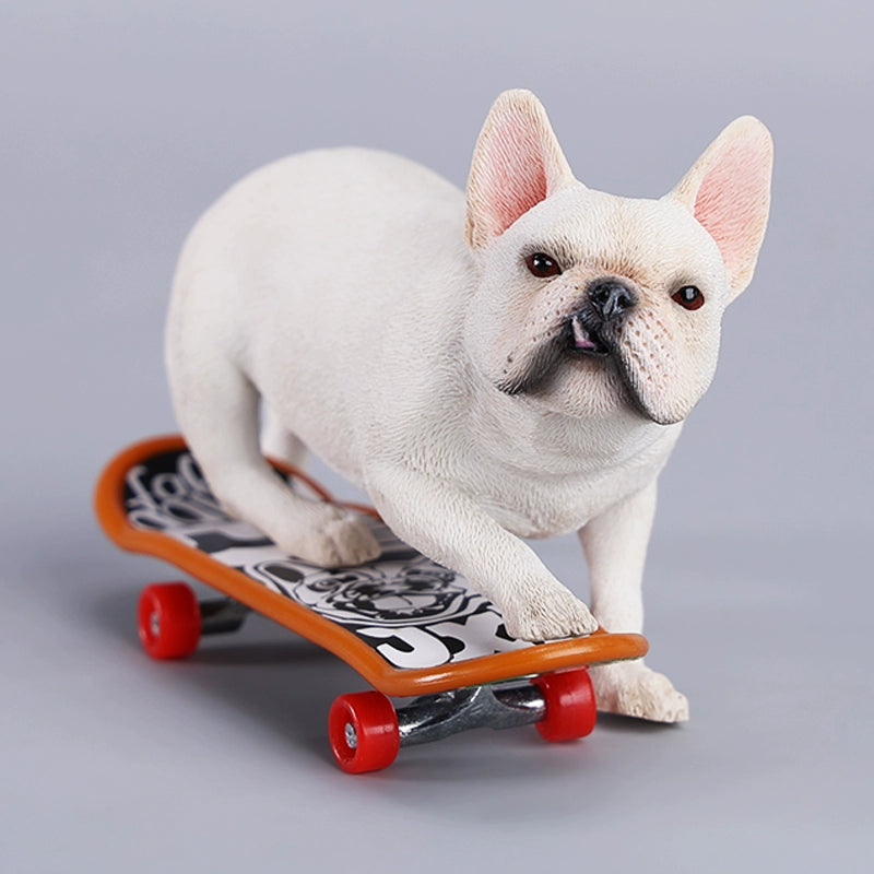 A detailed 1/6 scale figurine of a French Bulldog riding a skateboard, showcasing lifelike texture and joyful expression. Perfect for dog lovers and collectors.