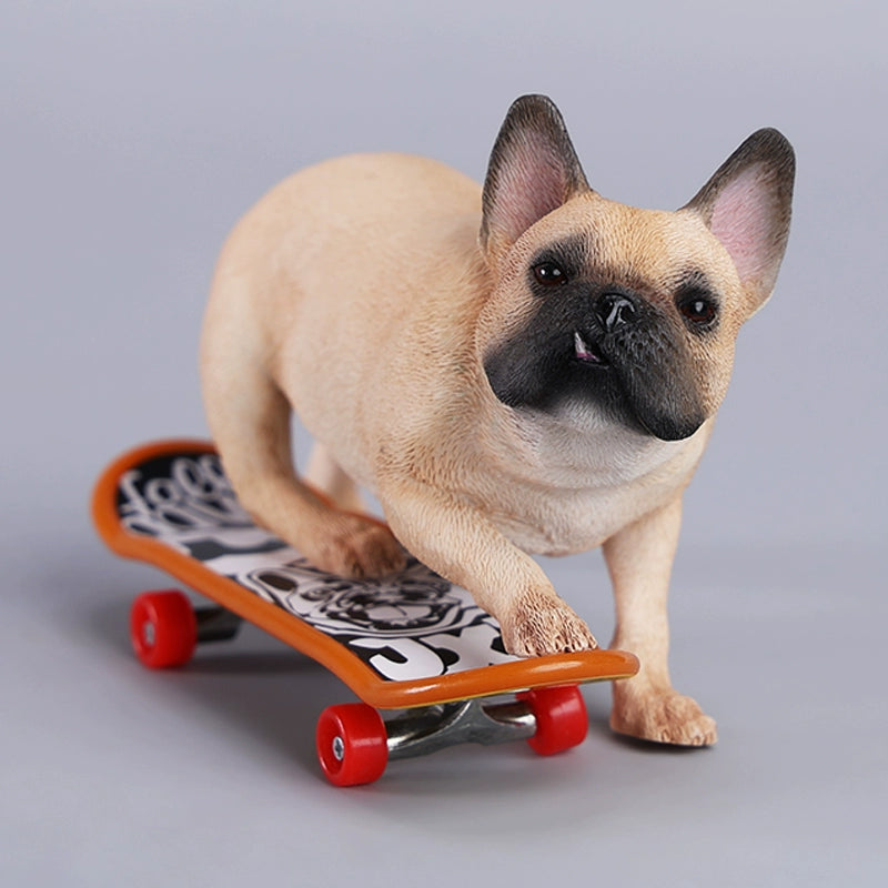 A detailed 1/6 scale figurine of a French Bulldog riding a skateboard, showcasing lifelike texture and joyful expression. Perfect for dog lovers and collectors.