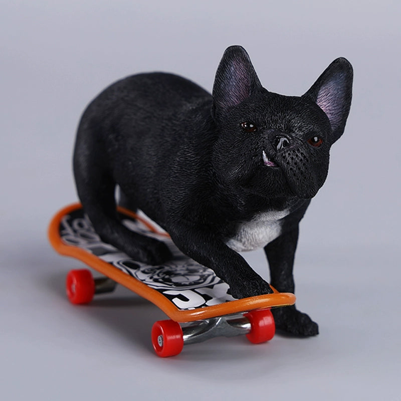 A detailed 1/6 scale figurine of a French Bulldog riding a skateboard, showcasing lifelike texture and joyful expression. Perfect for dog lovers and collectors.