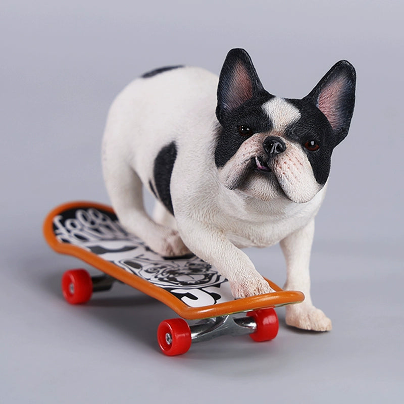 A detailed 1/6 scale figurine of a French Bulldog riding a skateboard, showcasing lifelike texture and joyful expression. Perfect for dog lovers and collectors.