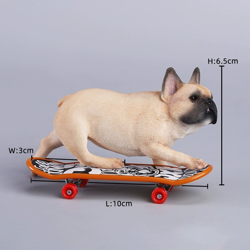 A detailed 1/6 scale figurine of a French Bulldog riding a skateboard, showcasing lifelike texture and joyful expression. Perfect for dog lovers and collectors.