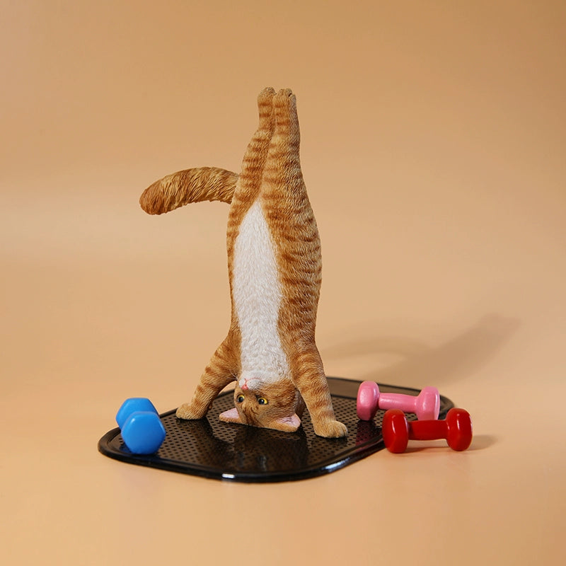 1/6 scale Yoga Cat figurines, each posed in a headstand position, showcasing various fur patterns and colors. These charming and whimsical models capture cats in a playful yoga pose, perfect for collectors and cat lovers. The figurines add a touch of fun and creativity to any display, featuring detailed craftsmanship and lifelike fur textures.