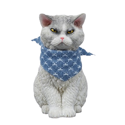 A collection of four 1/6 scale Selkirk Rex 2.0 resin models, each cat adorned with a blue patterned scarf. The cats, featuring different fur colors and expressions, are sitting in a row, capturing the distinctive curly fur and expressive faces characteristic of the Selkirk Rex breed.