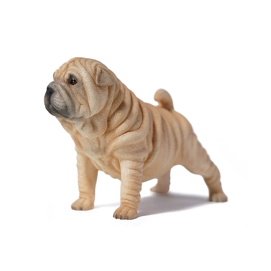 Two lifelike Shar Pei dog figurines sit comfortably in a shiny, holographic bag. The detailed models showcase the breed's characteristic wrinkled skin and expressive faces. One figurine stands with its signature folded ears and tail curled up, capturing the essence of the breed.
