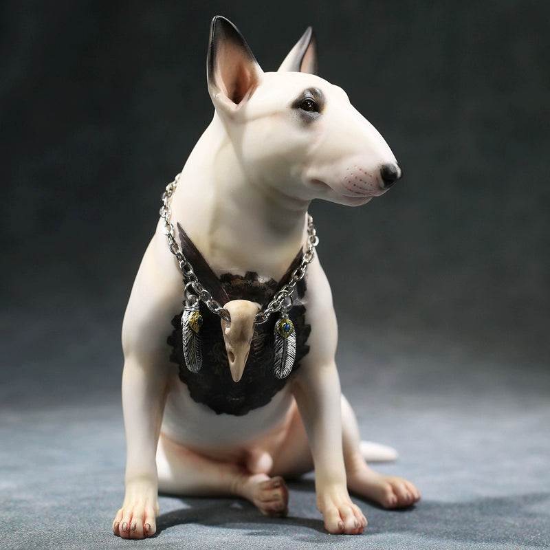 A set of 1/6 scale Simulation Tattoo Bull Head Terrier Models, featuring five figurines of Bull Terriers. Each model has unique tattoo designs on their chests, showcasing intricate details and lifelike expressions. One Terrier wears a stylish chain necklace, adding an extra touch of character to the collection.