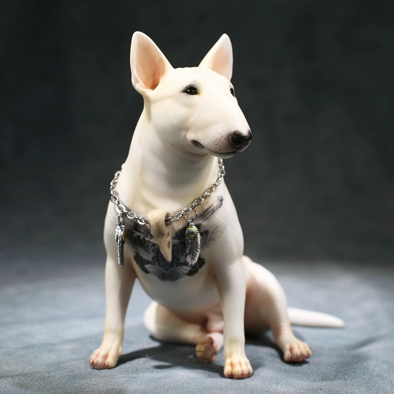 A set of 1/6 scale Simulation Tattoo Bull Head Terrier Models, featuring five figurines of Bull Terriers. Each model has unique tattoo designs on their chests, showcasing intricate details and lifelike expressions. One Terrier wears a stylish chain necklace, adding an extra touch of character to the collection.