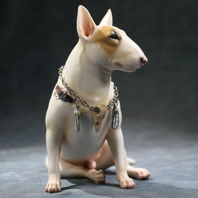 A set of 1/6 scale Simulation Tattoo Bull Head Terrier Models, featuring five figurines of Bull Terriers. Each model has unique tattoo designs on their chests, showcasing intricate details and lifelike expressions. One Terrier wears a stylish chain necklace, adding an extra touch of character to the collection.