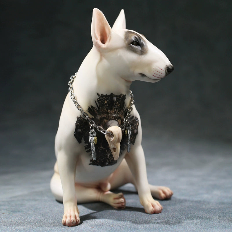 A set of 1/6 scale Simulation Tattoo Bull Head Terrier Models, featuring five figurines of Bull Terriers. Each model has unique tattoo designs on their chests, showcasing intricate details and lifelike expressions. One Terrier wears a stylish chain necklace, adding an extra touch of character to the collection.