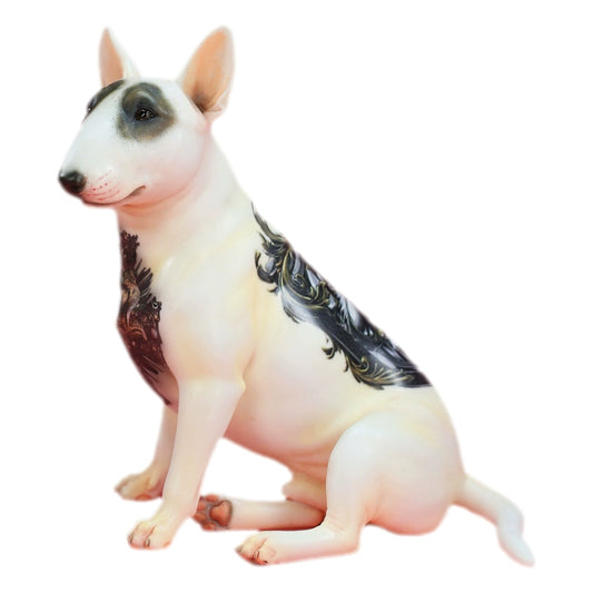 A set of 1/6 scale Simulation Tattoo Bull Head Terrier Models, featuring five figurines of Bull Terriers. Each model has unique tattoo designs on their chests, showcasing intricate details and lifelike expressions. One Terrier wears a stylish chain necklace, adding an extra touch of character to the collection.