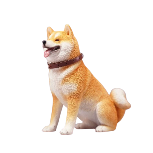 "Three realistic 1/6 scale Shiba Inu dog figurines in a sitting position, showcasing their adorable airplane ear feature. The figurines display three different coat colors: black and tan, red and white, and pure white. Each figurine is intricately detailed with a leather collar, capturing the breed's characteristic cheerful expression."