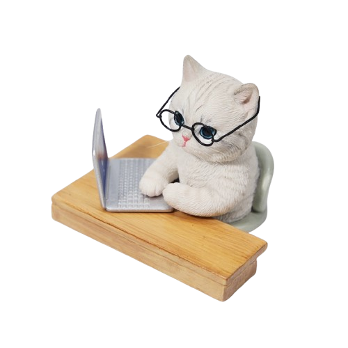 Four adorable cat figurines sitting at desks with laptops, each wearing glasses, representing the 1/6 Slack Off Cat Resin Model collection. The cats vary in color, including white, black and white, orange tabby, and grey tabby, all captured in a whimsical and detailed design.