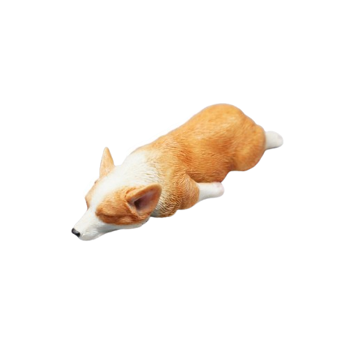 Two realistic 1/6 scale models of sleeping Corgi dogs. One model features a darker coat, while the other has a lighter coat, both capturing the adorable and relaxed pose of a sleeping Corgi.