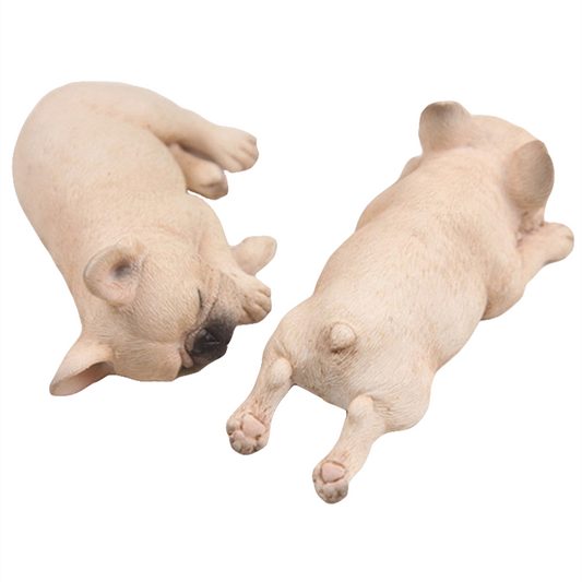 This image features a pair of intricately detailed 1/6 scale French Bulldog models in a sleeping position. The lifelike design captures the essence of these adorable dogs, making them perfect for collectors and dog enthusiasts. Each model showcases a different color variation, adding variety to your collection.