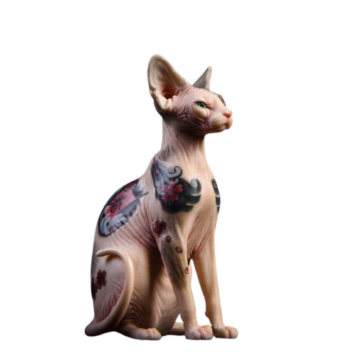 A set of 1/6 scale Sphinx Hairless Cat resin models featuring detailed tattoo designs and realistic facial expressions. The collection showcases the unique, sleek look of hairless cats, with a focus on their skin texture and distinct body contours. The figures are posed in both sitting and stretching positions, emphasizing their graceful and elegant nature.