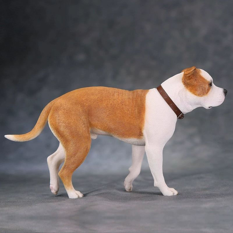 "1/6 scale American Staffordshire Terrier model in various poses and colors. These detailed and realistic figurines capture the essence of the breed, perfect for collectors and enthusiasts of dog statues. Ideal for display in homes or offices."